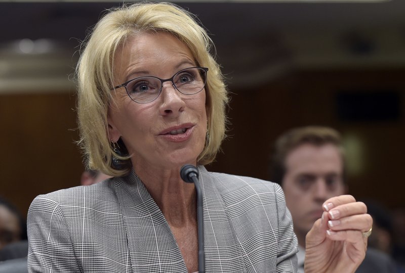 In this June 6, 2017, file photo, Education Secretary Betsy DeVos testifies on Capitol Hill in Washington. 