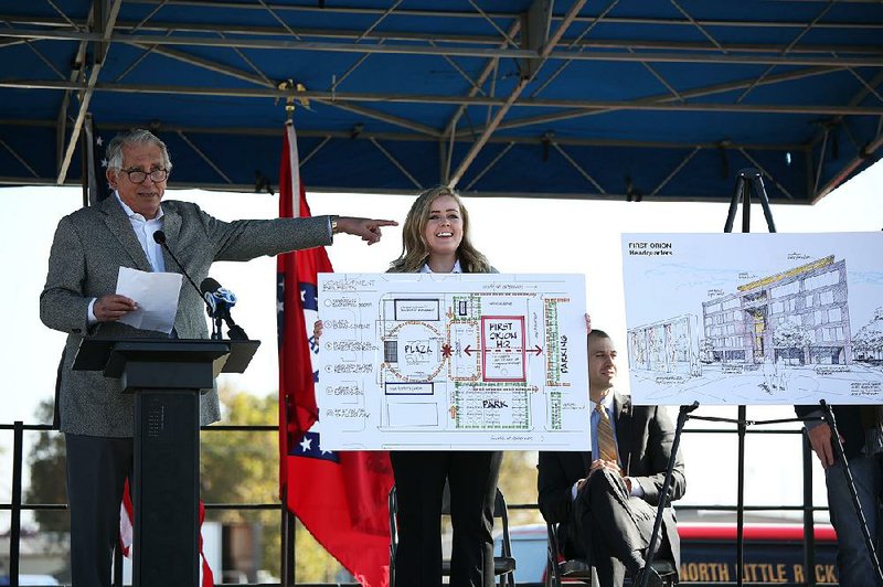 Charles Morgan, chief executive officer of First Orion, describes the design of the company’s new headquarters at a news conference Monday in North Little Rock.