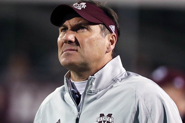Mississippi State football coach Dan Mullen gives an south oversized monitor a stare during the second half of an NCAA college football game against Alabama in Starkville, Miss., Saturday, Nov. 11, 2017. (AP Photo/Rogelio V. Solis)

