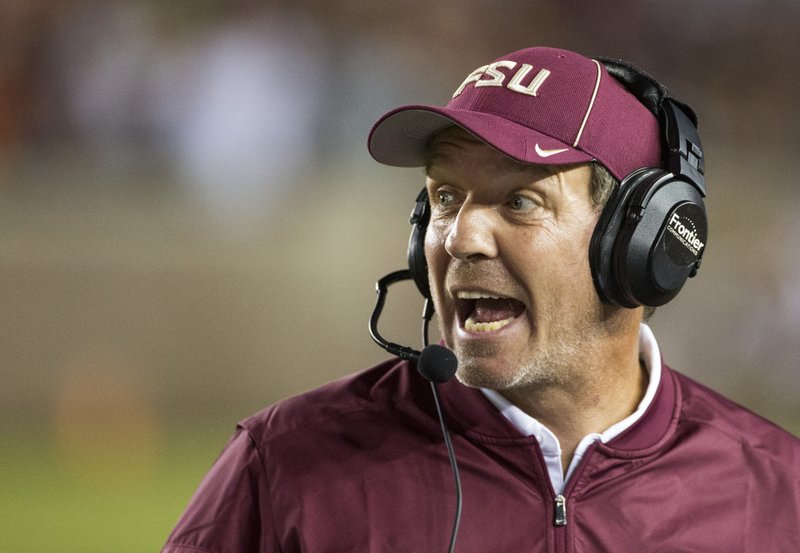 FILE-This Oct. 29, 2016, file photo shows Florida State coach Jimbo Fisher shouting instructions during the second half of the team's NCAA college football game against Clemson in Tallahassee, Fla. With the regular season winding down, the Atlantic Coast Conference&#x2019;s bowl picture is still unclear. The ACC enters the 12th week of the season with 13 of its 14 teams still in the hunt for bowl berths. (AP Photo/Mark Wallheiser, File)