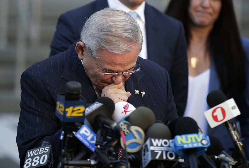 Sen. Bob Menendez fights back tears Thursday in Newark, N.J., while criticizing federal authorities and thanking jurors “who saw through the government’s false claims and used their Jersey common sense.”