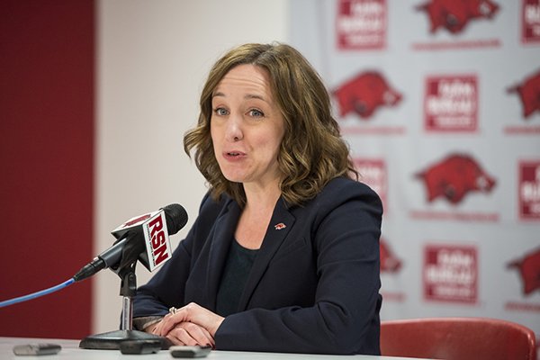 Arkansas interim athletics director Julie Cromer Peoples speaks during a press conference Friday, Nov. 17, 2017, in Fayetteville. 