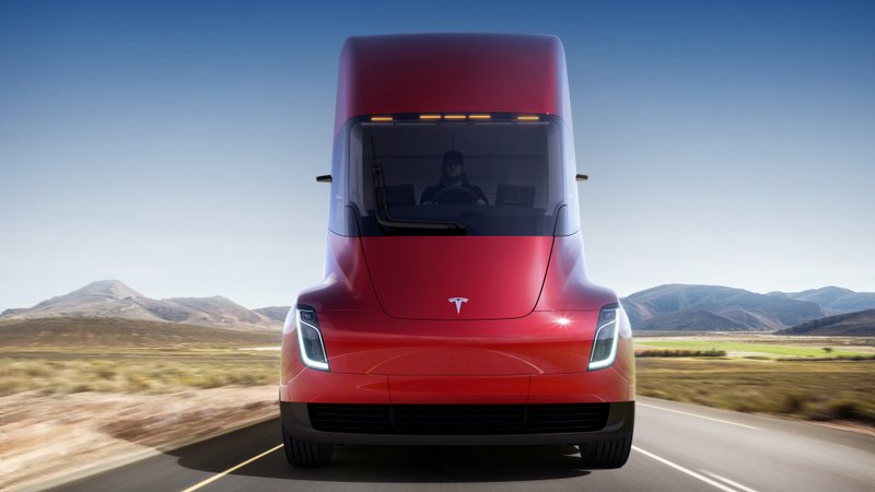 This photo provided by Tesla shows the front of the new electric semitractor-trailer unveiled Thursday. The move fits with Tesla CEO Elon Musk's stated goal for the company of accelerating the shift to sustainable transportation. (Tesla via AP)