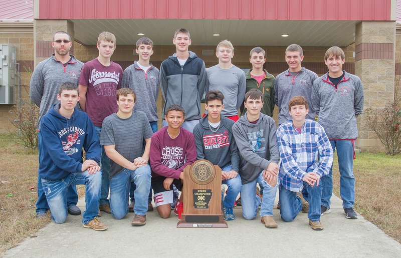 The Cave City cross-country team won the Class 4A state championship during the state meet Nov. 3 at Oaklawn Racing & Gaming in Hot Springs. Team members include, front row, from left, Buck Nida, Tyler Farris, Justin Stauffer, Marcus Rudick, Colby Beesly and Jacob Rudick; and back row, assistant coach Jeremy Cude, Brody Vinson, Luke Walling, Trenton Bell, Caleb Anderson, Levi Verser, Kendall Towsley and head coach Brandon Hailing.