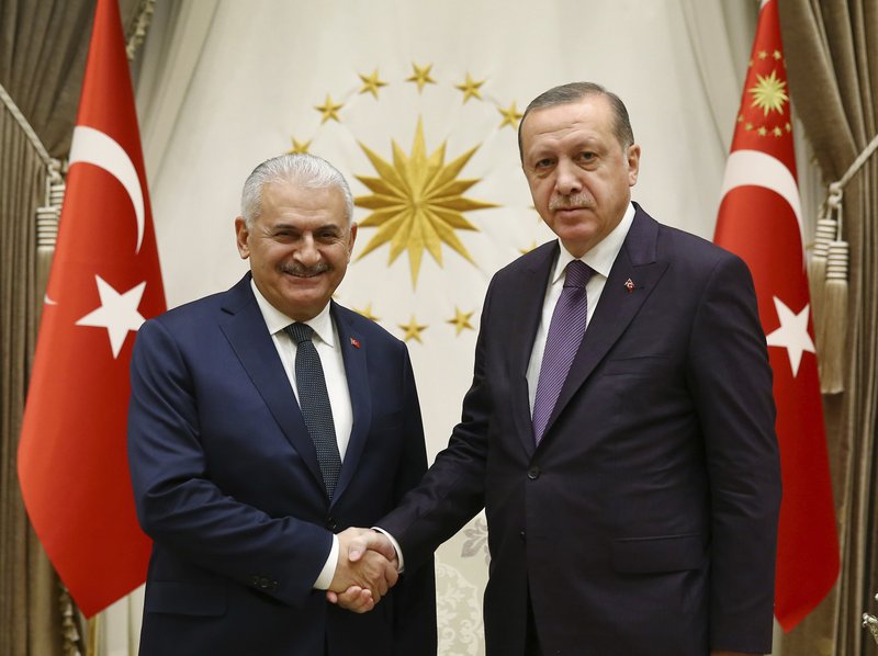 Turkey's President Recep Tayyip Erdogan, right, shakes hands with Turkey's Prime Minister Binali Yildirim, left, prior to their meeting in Ankara, Turkey, Thursday, Nov. 16, 2017. (Kayhan Ozer/Pool via AP)
