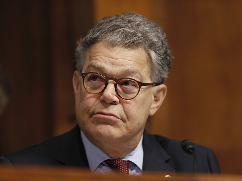 FILE - In this Sept. 20, 2017 file photo, Sen. Al Franken, D-Minn., listens during a Senate Judiciary Committee hearing for Colorado Supreme Court Justice Allison Eid, on her nomination to the U.S. Court of Appeals for the 10th Circuit, on Capitol Hill in Washington. (AP Photo/Alex Brandon, File)