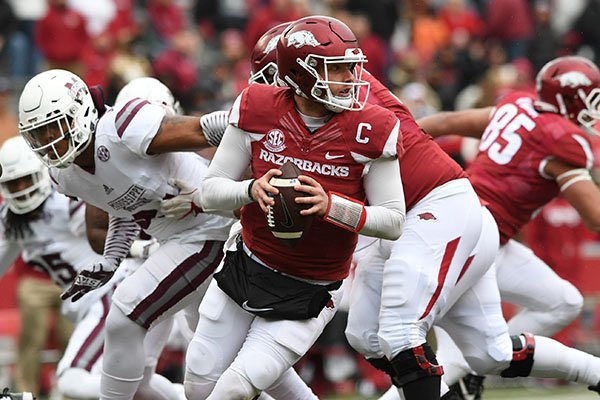 Arkansas quarterback Austin Allen looks to throw a pass during a game against Mississippi State on Saturday, Nov. 18, 2017, in Fayetteville. 

