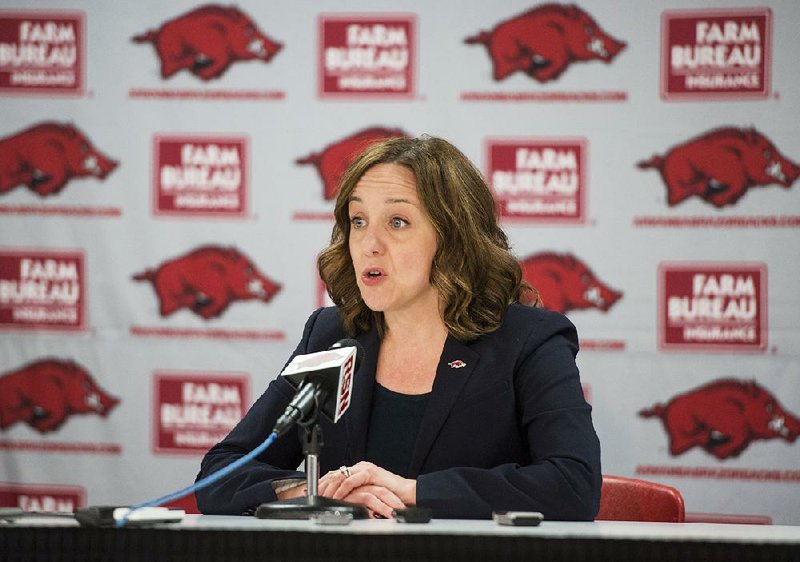 NWA Democrat-Gazette/BEN GOFF @NWABENGOFF
Julie Cromer Peoples, Arakansas interim director of athletics, speaks Friday, Nov. 17, 2017, during a press conference at Bud Walton Arena in Fayetteville. 