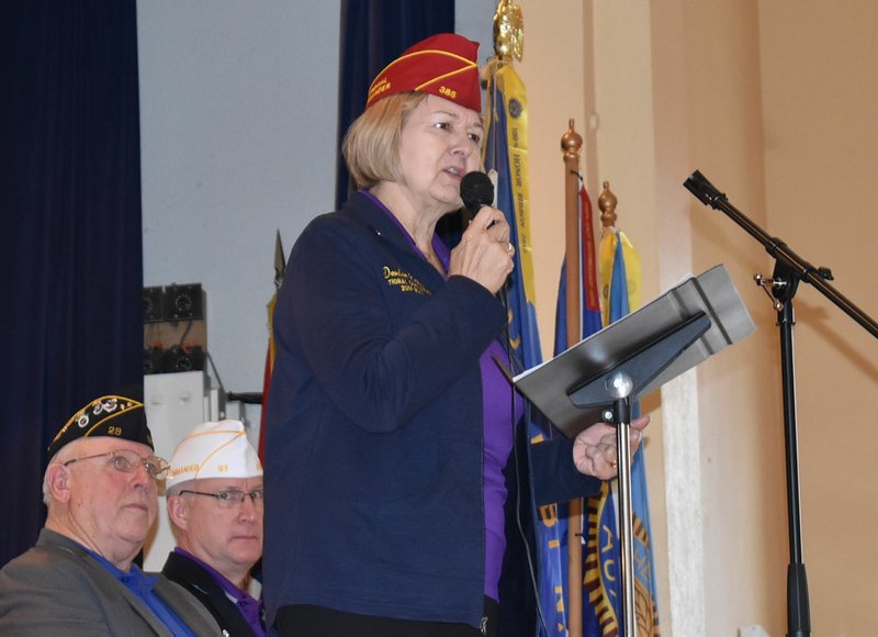 Mike Capshaw/Siloam Sunday Denise Rohan speaks to a group of about 75 people during an appearance at the Siloam Springs American Legion Community Building on Tuesday. Rohan is the first female National Commander in the 99-year history of the American Legion.