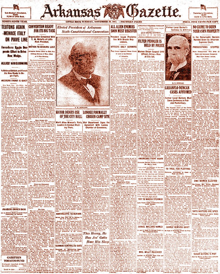 The front page of the Nov. 20, 1917, Arkansas Gazette.