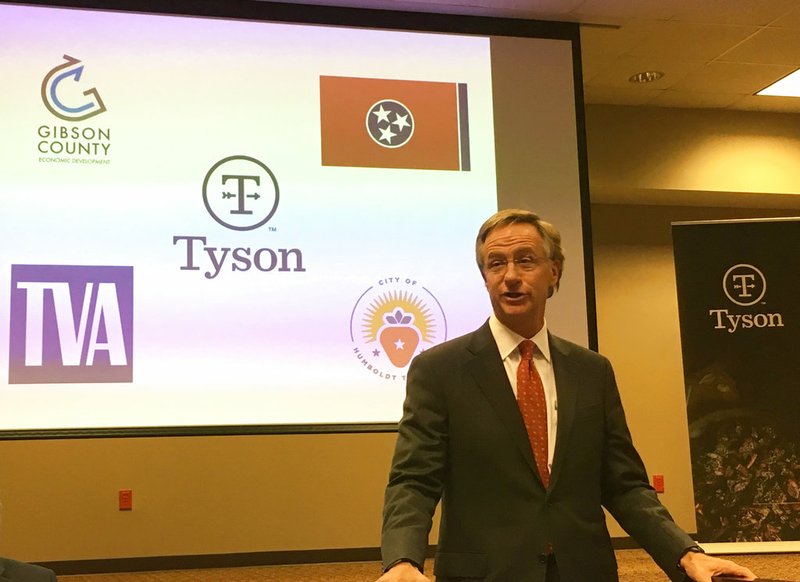 Tennessee Gov. Bill Haslam speaks at a news conference announcing a new Tyson Foods Inc. plant Monday, Nov. 20, 2017 in Humboldt, Tenn. 
