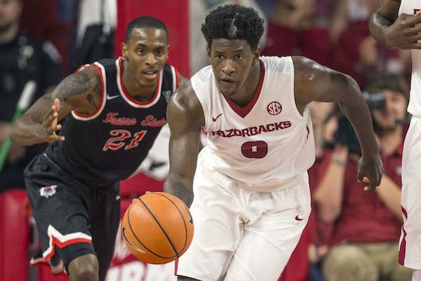 Arkansas guard Jaylen Barford drives in the 83-75 win against Fresno State basketball Friday, Nov. 17, 2017, at Bud Walton Arena in Fayetteville. 
