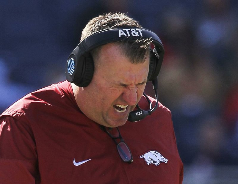 Arkansas Coach Bret Bielema’s job may be in jeopardy, but he said in his weekly news conference Monday he has no remorse or regrets about his five-year tenure with the Razorbacks.