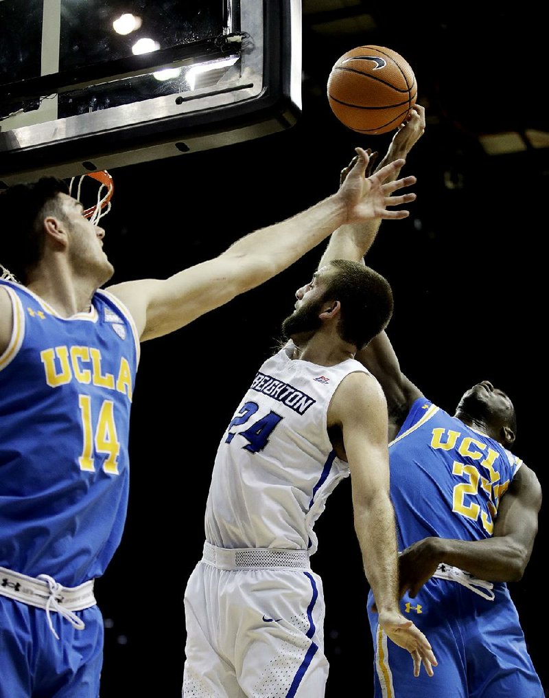 Creighton’s Mitch Ballock (24) scored 22 points in leading Creighton to a 100-89 victory over No. 23 UCLA on Monday night in Kansas City.