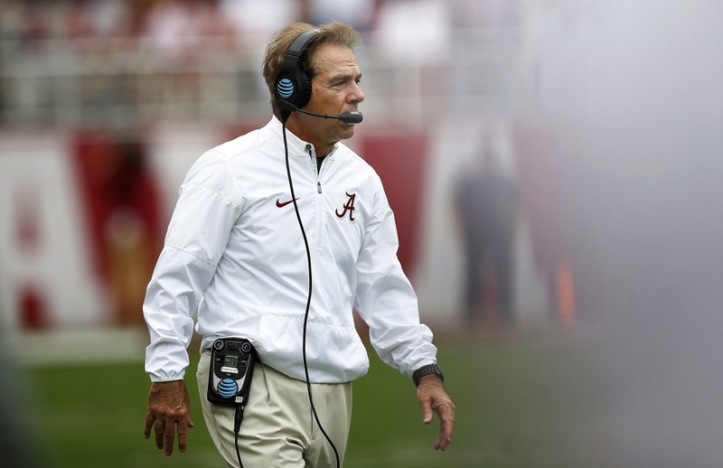 Alabama head coach Nick Saban walks onto the field during the second half of an NCAA college football game against Mercer, Saturday, Nov. 18, 2017, in Tuscaloosa, Ala. 