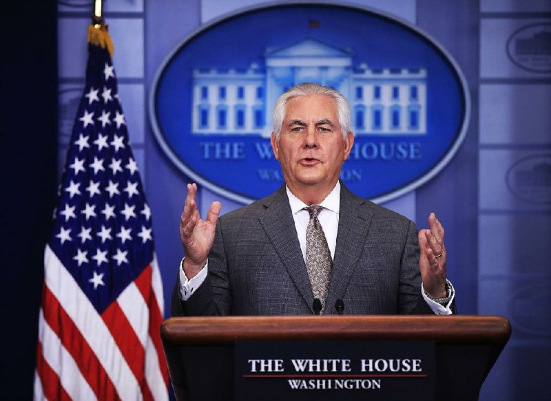 Secretary of State Rex Tillerson talks about North Korea on Monday during a press briefing at the White House. The U.S. on Tuesday imposed new sanctions to crack down on North Korean shipping companies. 