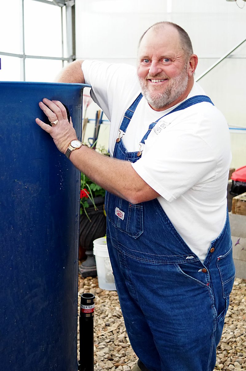 Photo by Randy Moll Dennis Hale, production specialist for Symbiotic Aquaponic, installs a new fish tank in the greenhouse at Gentry High School on Nov. 14. He was installing an additional fish tank and some new growing beds to the agriculture department's aquaponic growing system which was installed a year ago. Aquaponics relies upon microbiological processes to foster the relationship between plants and fish. Ammonia is released by the fish as waste and is converted into nitrites by naturally occurring bacteria that develop in the aquaponic system. The nitrates are then absorbed by the plants and provide all the necessary nutrients for the plants to grow.