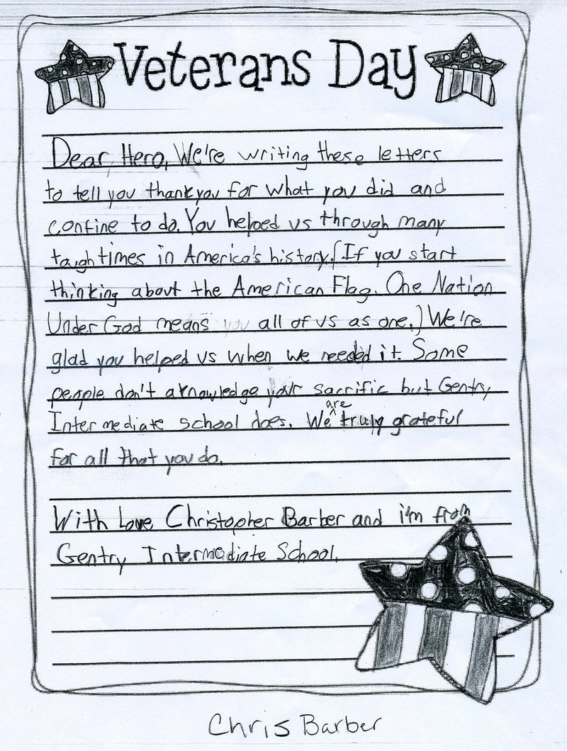 Submitted Students from Gentry Intermediate School wrote letters to thank veterans for their service. This letter and three others were read aloud during a special ceremony to honor local veterans held on Nov. 10.