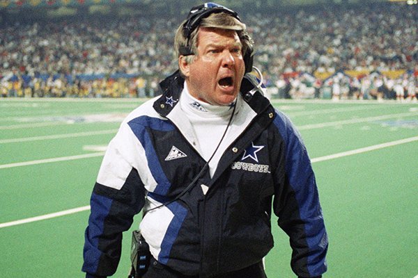Dallas Cowboys head coach Jimmy Johnson yells from the sidelines during the fourth quarter at the Super Bowl against the Buffalo Bills, Sunday, Jan. 30, 1994 at the Georgia Dome in Atlanta. Johnson's Cowboys defeated the Buffalo Bills 30-13 to win their second consecutive Super Bowl title. (AP Photo/Ron Heflin)
