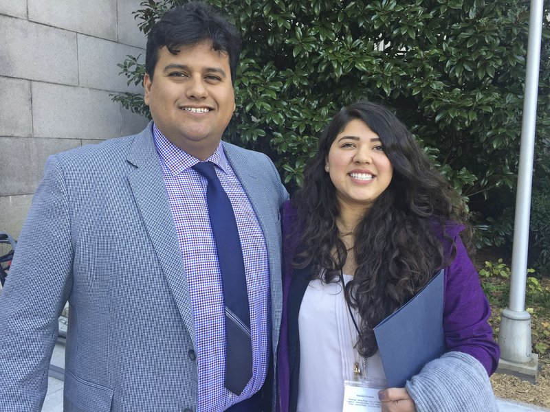 Juan Mendez (left) and Rocio Aguayo of Springdale stand Nov. 15 outside a Congressional office building in Washington. The two are “Dreamers” brought to the United States from Mexico when they were children and want Congress to pass legislation allowing them to remain in the U.S.