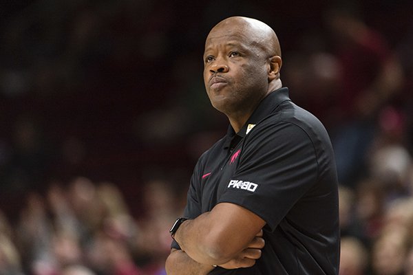 Arkansas head coach Mike Anderson watches the second half of an NCAA college basketball game against Oklahoma at the Phil Knight Invitational tournament in Portland, Ore., Thursday, Nov. 23, 2017. (AP Photo/Troy Wayrynen)

