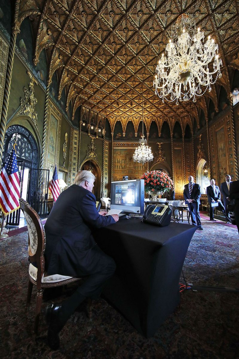 President Donald Trump addresses members of the armed forces Thursday through videoconference from his private club, Mar-a-Lago, in Palm Beach, Fla. 