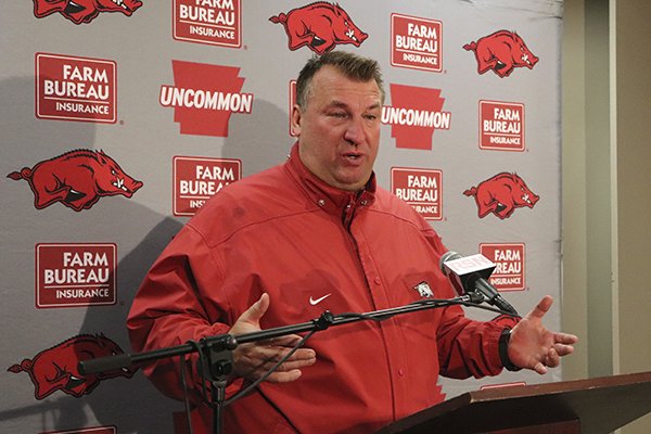 Bret Bielema speaks with reporters beneath Razorback Stadium in Fayetteville, Ark., Friday, Nov. 24, 2017, after being fired as Arkansas’ football coach. Bielema said he was fired minutes after walking off the field following a 48-45 loss to Missouri dropped the Razorbacks to 4-8, 1-7 in the Southeastern Conference. (AP Photo/Kelly P. Kissel)


