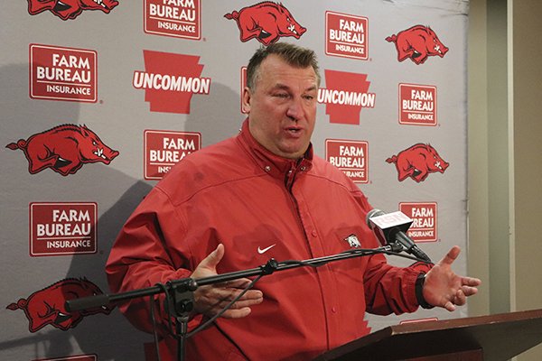 Bret Bielema speaks with reporters beneath Razorback Stadium in Fayetteville, Ark., Friday, Nov. 24, 2017, after being fired as Arkansas’ football coach. Bielema said he was fired minutes after walking off the field following a 48-45 loss to Missouri dropped the Razorbacks to 4-8, 1-7 in the Southeastern Conference. (AP Photo/Kelly P. Kissel)
story.lead_photo.caption