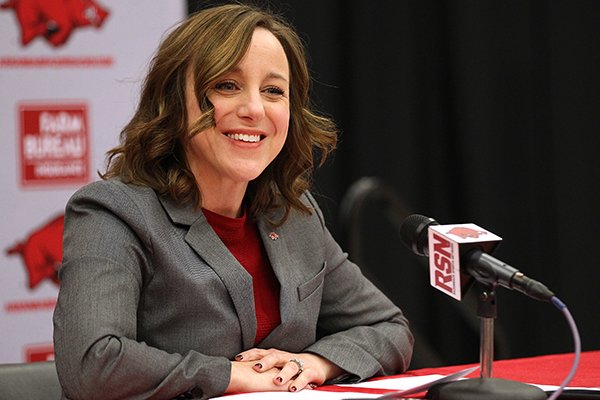 Arkansas interim athletics director Julie Cromer Peoples speaks at a news conference Friday, Nov. 24, 2017, at Barnhill Arena in Fayetteville. Cromer Peoples announced the firing of football coach Bret Bielema following a 48-45 loss to Missouri. 