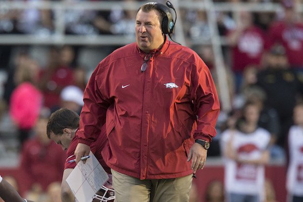 Arkansas coach Bret Bielema on the sideline in his final game, a 48-45 loss to Missouri Friday, Nov. 24, 2017, at Reynolds Razorback Stadium in Fayetteville. 
