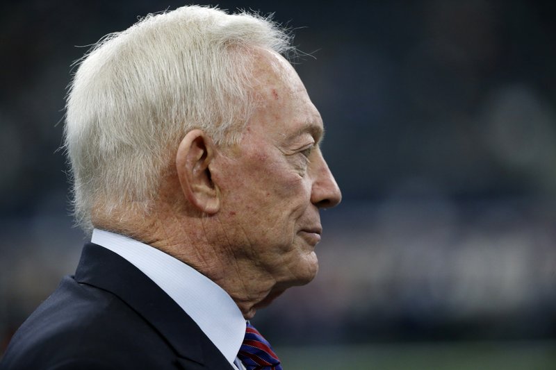 Dallas Cowboys team owner Jerry Jones watches team warm ups before an NFL football game against the Los Angeles Chargers on Thursday, Nov. 23, 2017, in Arlington, Texas. (AP Photo/Ron Jenkins)