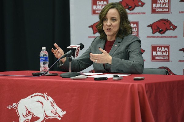 Julie Cromer Peoples, interim athletic director for the University of Arkansas, talks about the decision to fire Arkansas coach Bret Bielema following a Razorbacks NCAA college football game against Missouri, Friday, Nov. 24, 2017, in Fayetteville, Ark. (AP Photo/Michael Woods)

