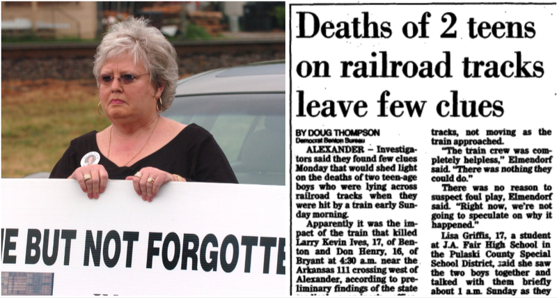 At left, Linda Ives is shown in this 2007 file photo. At right, the initial 1987 coverage in the Arkansas Democrat on the deaths of Ives' 17-year-old son, Kevin, and 16-year-old Don Henry.
