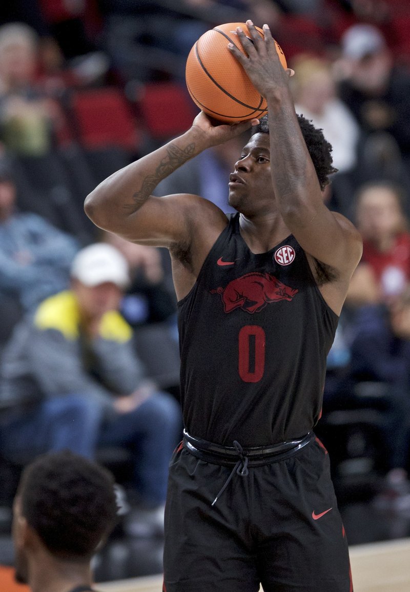 The Associated Press SMOOTH SHOOTING: Arkansas guard Jaylen Barford takes a shot during the second half of an NCAA basketball game in the Phil Knight Invitational tournament in Portland, Ore., Sunday. Barford was named to the all-tournament team for his performance over the weekend.