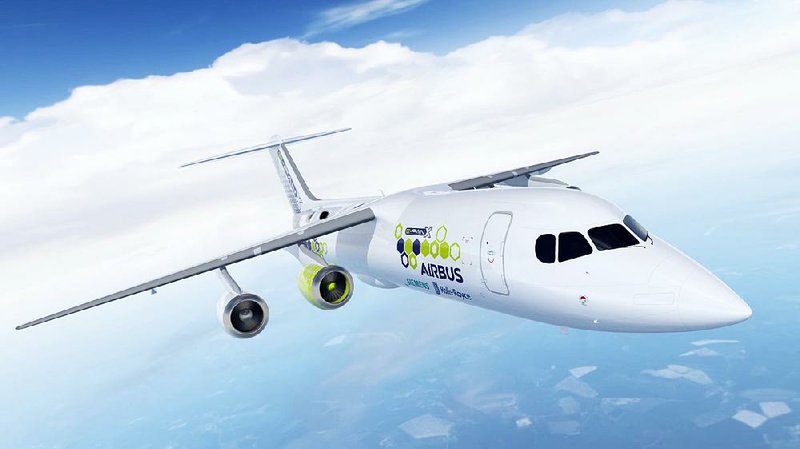 An artist’s rendering depicts a hybrid passenger plane with an electric-turbine engine that Airbus SE is developing with Siemens AG and Rolls-Royce PLC. 