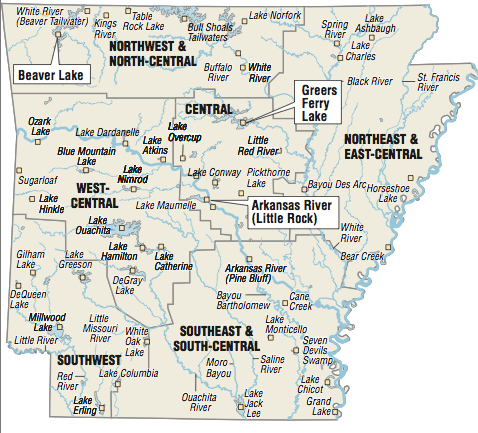 A map showing the location of Arkansas fishing spots.
