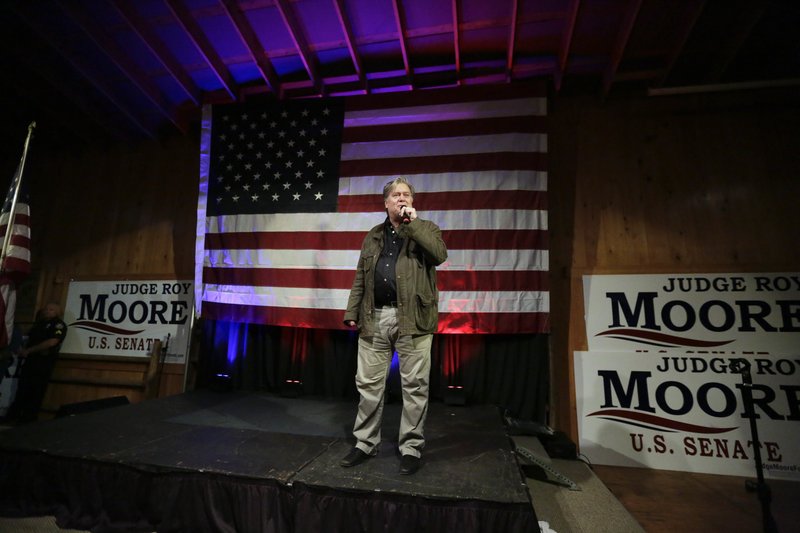 The Associated Press BANNON SPEAKS: In this Monday, Sept. 25, 2017 file photo, former White House strategist Steve Bannon speaks at a rally for U.S. Senate hopeful Roy Moore in Fairhope, Ala.