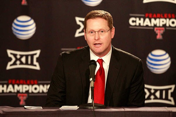 Texas Tech athletic director Kirby Hocutt is shown during a news conference April 14, 2016, in Lubbock, Texas. (Mark Rogers/Lubbock Avalanche-Journal via AP) 