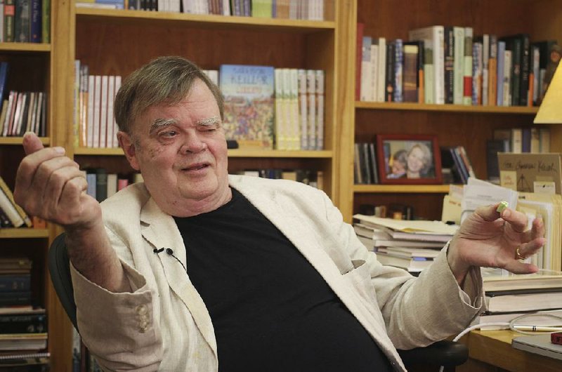 In this July 26, 2017 file photo, Garrison Keillor, creator and former host of, "A Prairie Home Companion," talks at his St. Paul, Minn., office. Keillor said Wednesday, Nov. 29, he's been fired by Minnesota Public Radio over allegations of improper behavior. 