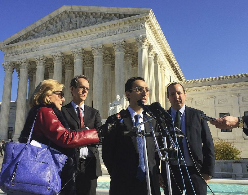American Civil Liberties Union attorney Nathan Wessler speaks Wednesday outside the Supreme Court in Washington after arguments in a case about the government’s ability to track Americans’ movements through collection of cellphone information. 