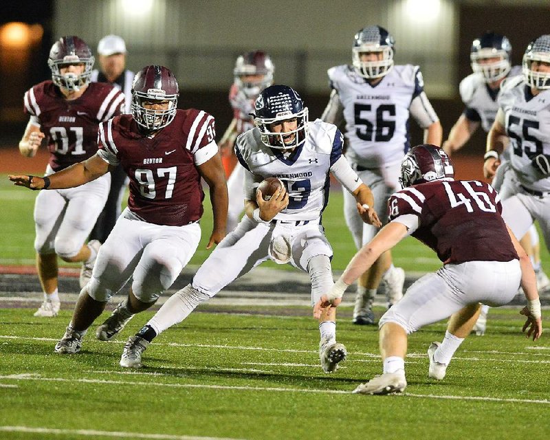 Greenwood quarterback Connor Noland (center) has helped lead the Bulldogs to the Class 6A championship game for the third consecutive season, taking on Pine Bluff tonight at War Memorial Stadium in Little Rock. The Bulldogs lost to Russellville in the title game last season and to Pine Bluff in 2015. 
