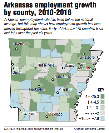 Arkansas employment growth by county, 2010-2016