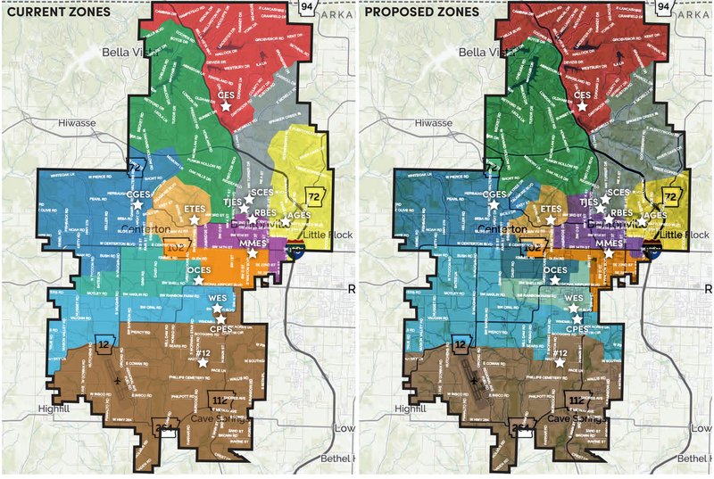 Courtesy Bentonville School District
Current and proposed Bentonville school zones. 