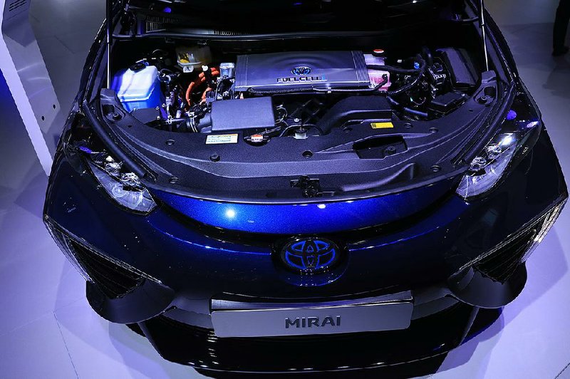 A Toyota Fuel Cell System power unit sits under the hood of a Toyota Mirai hydrogen powered automobile, manufactured by Toyota Motor Corp., during the IAA Frankfurt Motor Show in Frankfurt, Germany, in September. 