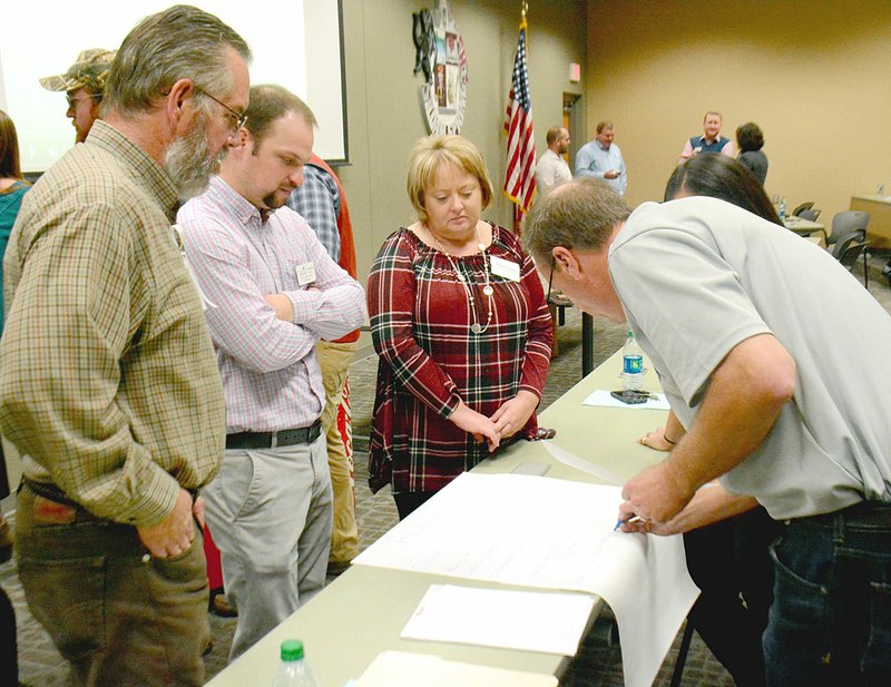 Janelle Jessen/Siloam Sunday Teacher and industry partners brainstormed together during the Career and Technical Education advisory panel meeting at the Siloam Springs High School on Thursday.