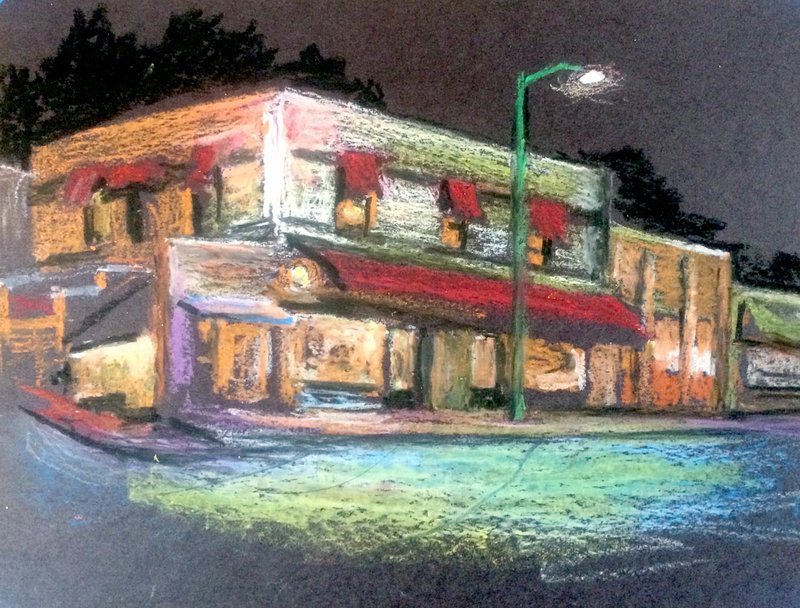 Image submitted Artist Joanna Reid created an oil pastel of Cafe on Broadway to serve as an example of the night scenes that can be created in downtown Siloam Springs. A Create Your Own Night Scene event, hosted by Reid and Jen Butler, is planned for 6 to 9 p.m. Thursday, Dec. 7. Free art supplies and refreshments will be provided at Ability Tree. Artists of all ages and levels of experience are welcome.