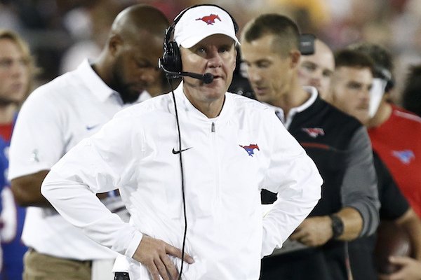 SMU coach Chad Morris directs the Mustangs against Central Florida during the first half of an NCAA college football game, Saturday, Nov. 4, 2017, in Dallas (AP Photo/Mike Stone)
