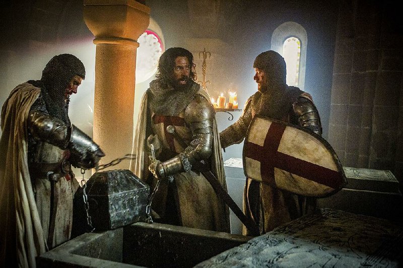 History Channel’s new historical drama Knightfall stars (from left) Simon Merrells, Tom Cullen and Padraic Delaney as Templar knights seeking the Holy Grail.