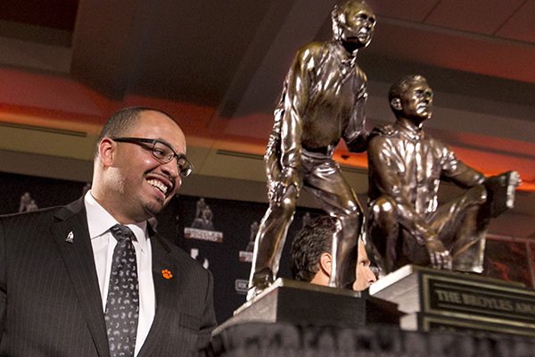 Clemson offensive coordinator Tony Elliott smiles after winning the Broyles Award during a banquet Tuesday, Dec. 5, 2017, in Little Rock. 