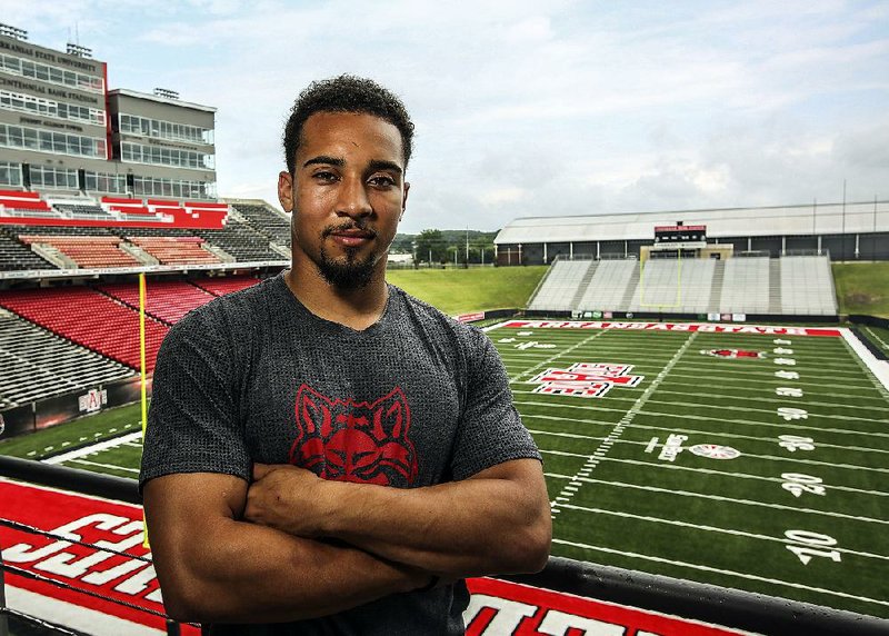 Arkansas State University senior cornerback and return specialist Blaise Taylor poses for a portrait during Arkansas State Football Media Day at Centennial Bank Stadium in Jonesboro Friday, July 28, 2017.